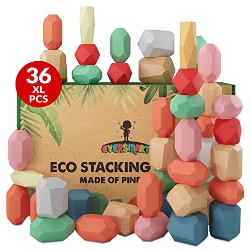 EVERSMART 36 Pcs Wooden Stacking Blocks Montessori Toys for 1 2 3 4 5 6 Year Old Toddlers and Kids, XL Rocks, No Choking Hazard Sensory STEM Building Stones, for Girls and Boys