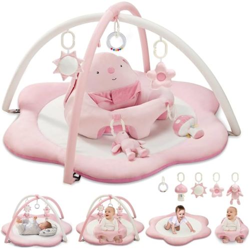 3-in-1 Baby Play Mat, Baby Seats for Infants for Sitting Up, Tummy Time Mat with 5 Detachable Toys, Baby Activity Gym & Playmats for Babies 0-6 6-12 Months, Newborn Baby Shower Gifts