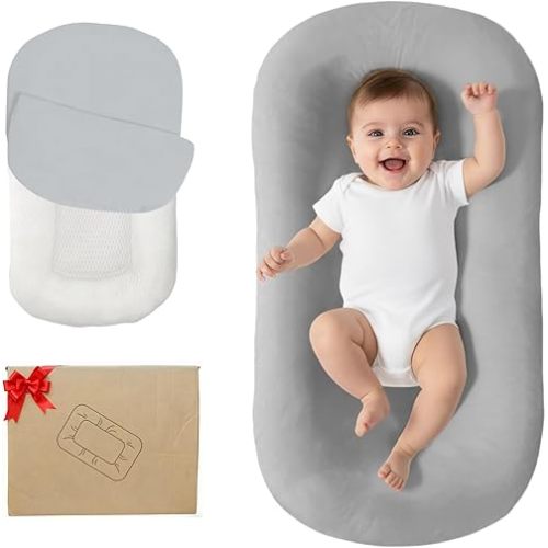 Lucakuins Baby Lounger, Bionic Design Baby Lounger for Newborn 0-24 Months, Soft Organic Cotton Breathable Lounger for Infants (Grey)