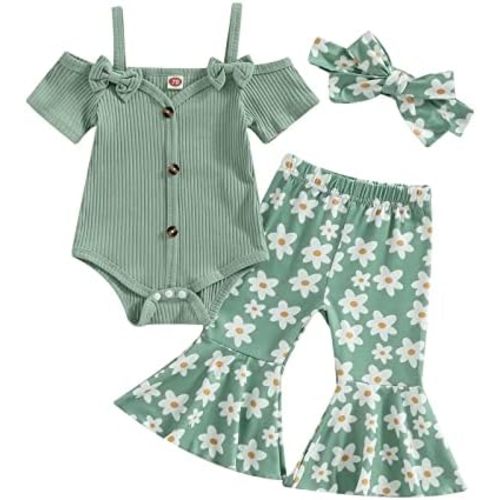 Fernvia Infant Baby Girl Clothes Suspenders Short Sleeve Ribbed Romper Flared Pants Set Headband 3pcs Summer Outfit