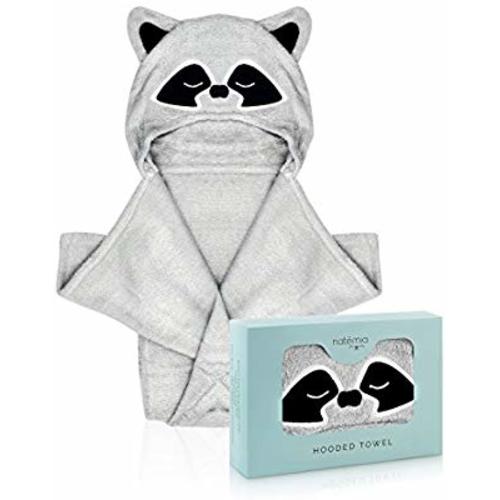 Natemia Extra Soft Rayon from Bamboo Hooded Towel for Kids | Highly Absorbent and Hypoallergenic | 40" X 30" Large Animal Face Baby Bath Towel with Hood | Great Baby Shower Registry Gift - Raccoon
