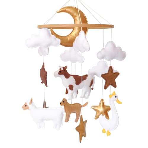 Farm Animals Baby Mobile, Mobile for Crib, Crib Mobile for Boys and Girls, Nursery Mobile for Bassinet, Pack and Play, Cows, Sheep, Golden Retriever, Goose, Moon