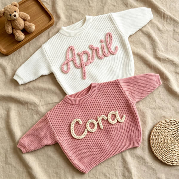 Hand Embroidered Baby Name Sweater, Personalized Baby Sweater with Name, Custom Knit Newborn Crewneck Sweater, Crochet Knitted Baby Jumper