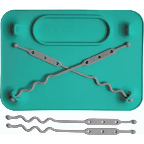 BUSY BABY Silicone Mat - Suction Cups, 4 Straps to Secure Baby Essentials, Self Feeding, Baby Led Weaning, Travel Sleeve Included (Spearmint)