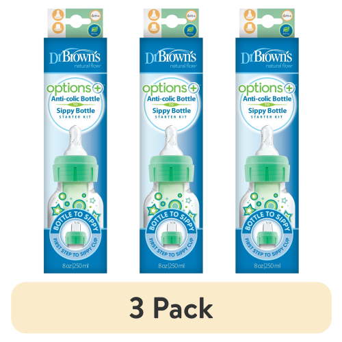 (3 pack) Dr. Brown's Anti-Colic Options+ Narrow Sippy Bottle Starter Kit, 8oz/250ml, Green, BPA Free, 6m+