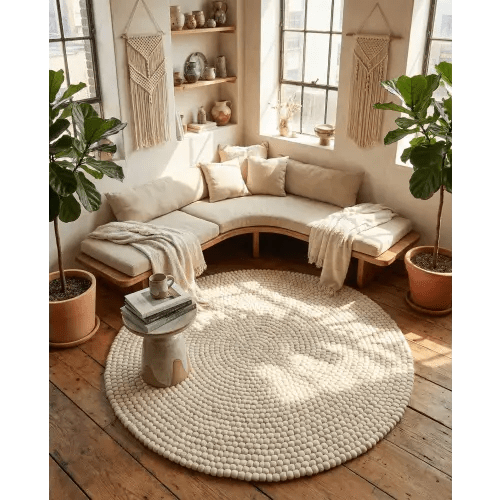 6' 1 x 6' 1 Hand Woven Felt Ball Wool Round Rug
