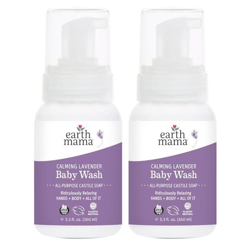 Earth Mama Calming Lavender Baby Wash Liquid Foaming Hand Soap, Organic All-Purpose Lavender Body Wash for Sensitive Skin, Castile Soap with Coconut Oil, Shea Butter, Calendula, & Aloe, 5.3Fl Oz (2PK)