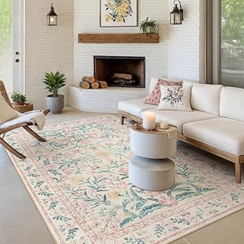 Morebes Floral Pink Rugs for Bedroom Girls, Washable 5x7 Area Rug for Living Room Non Slip, Vintage Low-Pile Indoor Floor Boho Flower Throw Carpet for Kids Nursery Dorm, Light Pink&Green