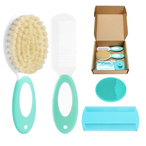 Baby Hair Brush and Comb Set, 4Pcs Baby Soft Bristles Hairbrush Cradle Cap Brush Hair Comb for Newborns Toddlers Boys Girls (Green)