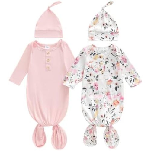 woshilaocai 2 Pack Baby Boy Girl Gown Sleeper Newborn Knotted Nightgown and Hat Set Infant Sleepwear