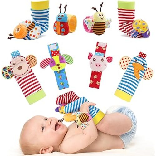 Bloobloomax Soft Baby Rattle Wrist Rattle Foot Finder Socks Set,Cotton and Plush Stuffed Infant Toys,Birthday Holiday Birth Present Gift for Newborn Boy Girl Kids Toddler (8pcs-B Set)