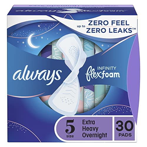 Always Infinity Feminine Pads for Women, Size 5 Extra Heavy Overnight, with Wings, unscented, 30 Count