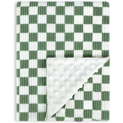 3D Checkerboard Grid Toddler Blanket for Baby Soft Cozy Corduroy Bed Blanket with Stripe Chessboard Plaid Design Infant Newborn Receiving Blanket Sage Green 30 x 40 Inches
