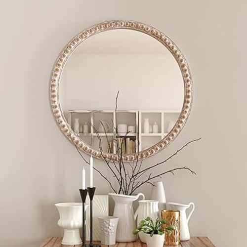 Distressed Wood Frame Accent Mirror, Rustic Farmhouse Style Decorative Wall Mirror (Round)