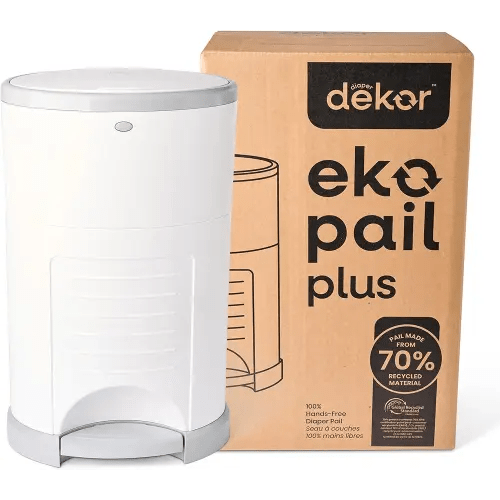 Diaper Dekor EKO Plus Diaper Pail, White | ONLY Eco-Friendly Diaper Pail Made with 70% Recycled Materials | Hands-Free: Step–Drop–Done | Cost-Effective Refill System |Great Cloth Diaper Pail