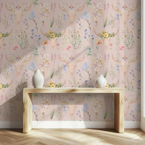 Boho Western Floral Longhorn Wallpaper Soft Blush Cow Skull Wall Mural Pastel Wildflower Peel and Stick Western Nursery Wallpaper