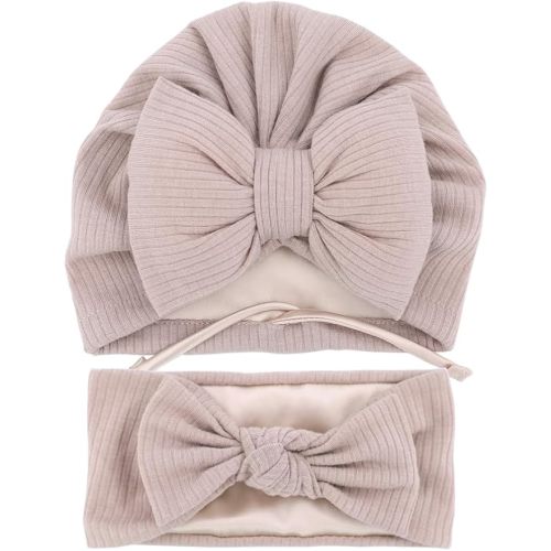 Jomila Bundle of Bonnet and Headband for Baby Newborn Silk Satin Lined Beanie Toddler Infant Girls Adjustable Hat 0-6 Months