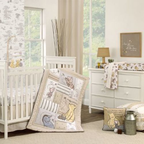 Disney Classic Pooh Hunny Fun With Piglet And Eeyore The Hundred Acre Woods Taupe 3 Piece Nursery Crib Bedding Set