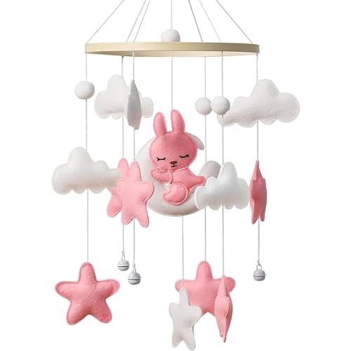 Baby Crib Mobile - Rabbit Mobile for Crib, Bunny Felt Cloud Nursery for Boys and Girls, Baby Bassinet Mobile Toy - Shower Set for Infant Bedroom Hanging Decoration