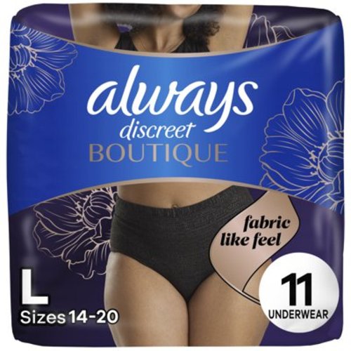 Always Discreet Boutique Incontinence and Postpartum Underwear for Women, Maximum Protection, L, Black, 11 Count