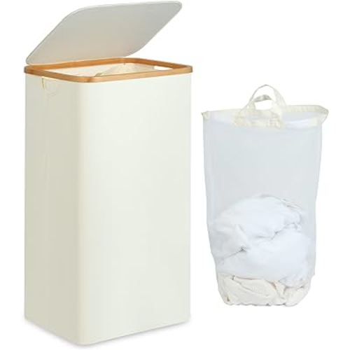 Laundry Hamper with Lid, 100L Tall Laundry Basket with Bamboo Handles for Clothes and Toys, Collapsible Laundry Hamper with Inner Bag for Bedroom and Bathroom, Beige