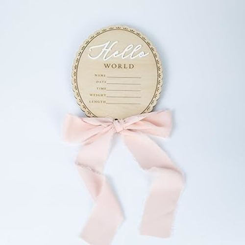 Baby Announcement Sign 6.5 Inch Wooden Hello World Newborn Welcome Sign Birth Baby Name Plaques for Photo Props Baby Shower Hospital Nursery (BOW CUT)