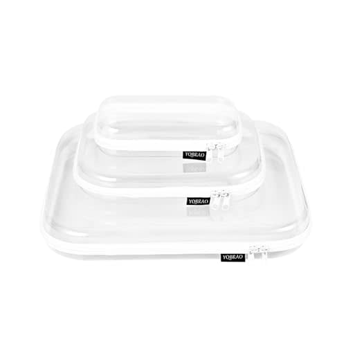 YQBRAO Hard Sided Clear Zipper Case for Storage- Professional-Grade Plastic Clear Zipper Pencil Case,Toy Storage Bins, Toiletry Pouch, Travel Organizer, Cosmetic Bag(White,3 Pack, LMS)