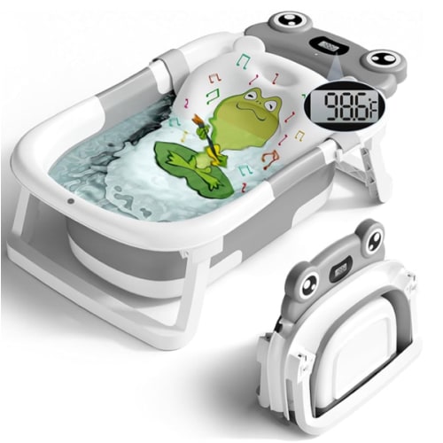 Baby Bathtub, Collapsible Newborn Bathtub for Infant to Toddler 0-24 Months with Soft Cushion and Thermometer,Portable Travel Newborn Tub with No-Slip Feet, Baby Shower Gifts,Grey