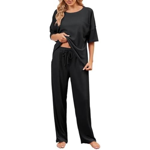 JiniGolla Womens Pajama Sets Waffle Knit Short Sleeve Shirt with Long Pajama Pants Soft Sleepwear Pj Lounge Sets