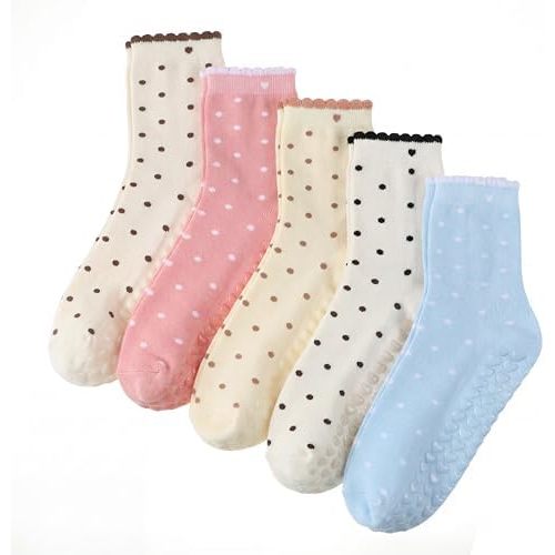 5 Pairs Women Pilates Grippy Socks Crew Half Calf Yoga Socks for Pilates Fitness Workout Hospital
