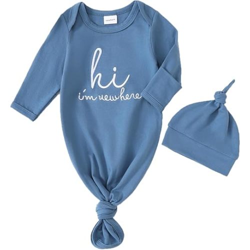 Yvowming Newborn Baby Boys Girls Knotted Gown with Mittens Baby Infant Sleeper Nightgown Cute Pajamas and Hat