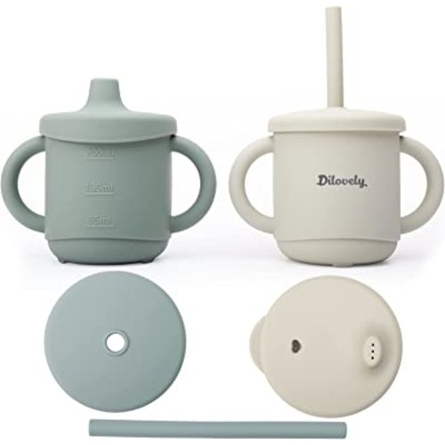 Silicone Sippy Cup for Toddler, Transition Straw Cups for baby 12 months +, Unbreakable Kids Cups 3 in 1, 2 Pack Dishwasher & Microwave Safe, BPA Free 7oz Green