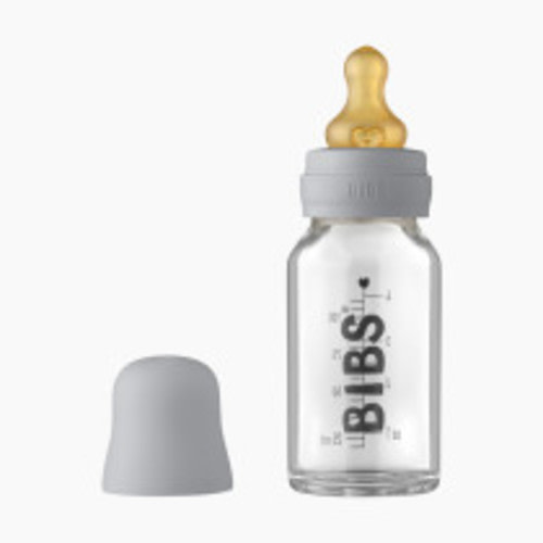 BIBS Baby Glass Bottle. Anti-Colic. Round Natural Rubber Latex Nipple. Supports Natural Breastfeeding, Complete Set - 110 ml, Cloud