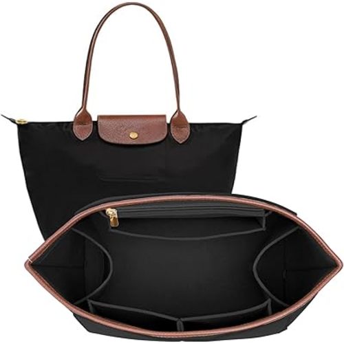 Felt Purse Organizer Insert for Longchamp Le Pliage L Bag Handbag Leather edge Longchamp Organizer Insert (Black, Large)