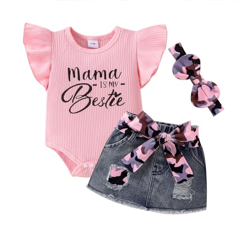 CETEPY Baby Girl Clothes Newborn Romper Ruffle Sleeve Short Jeans Skirt with Headband Infant Outfits Set 0-18 Months
