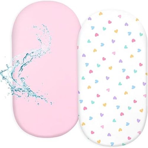 FIOBEE Baby Bassinet Sheets for Girls Boys 2 Pack Waterproof Bassinet Mattress Elastic Fitted Crib Sheets Universal Fit for Hourglass Oval and Rectangle Bassinet Sheet, White & Pink