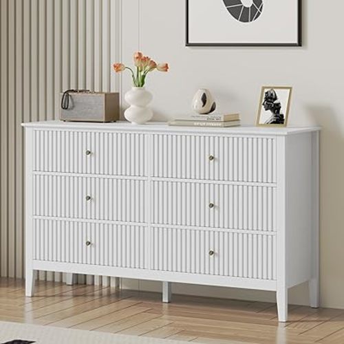 RoyalCraft White 6 Drawer Dresser, Fluted Modern Wood Dresser, Double Chest of Drawers for Bedroom, TV Stand Storage Cabinet for Living Room