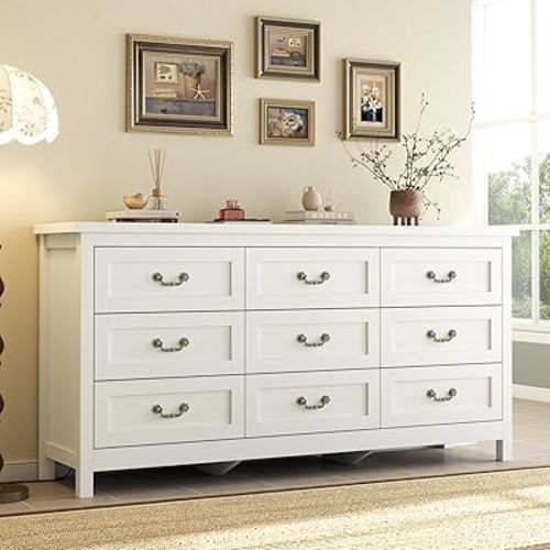 Loomie Upgraded 9-Drawer Dresser for Bedroom, 63" Wide Dresser TV Stand for TVs up to 75", Farmhouse Long Storage Wooden Dressers Organizer, Large Chest of Drawers with Vintage Pull for Closet, White