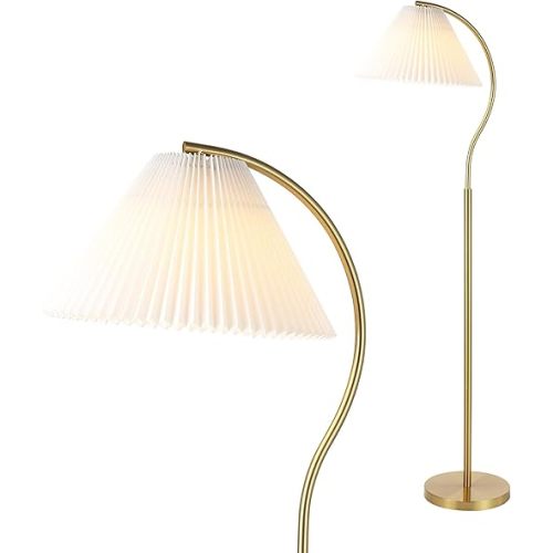 JONATHAN Y JYL1148A Devon 60.5" Modern Glam Metal Arc LED Floor Lamp with Pleated Shade for Bedroom, Living Room, Office, Brass Gold/White