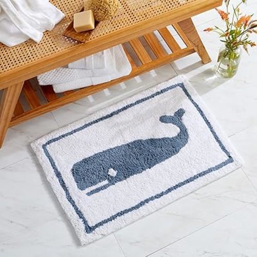Market & Place Whale Bath Rug, Cute Bathroom Mat, Funny Bathroom Decor for Tub and Shower, Cotton Tufted Absorbent Bath Rugs, 20" x 30", White and Blue
