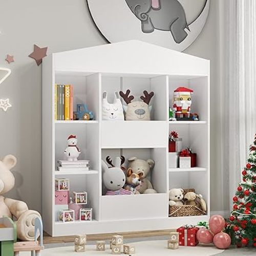 Castle Shape Kids Bookshelf, 12 Cubby Toy Storage Organizer, Dollhouse Bookshelf Multifunctional Storage Cabinet Bookcase Suitable for Children's Room, Living Room, Playroom, White