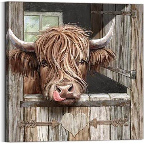 3LDECOR Highland Cow Wall Decor, Farmhouse Wall Art Canvas Print Pictures of Brown Cow Artwork for Gift Hanging in Bathroom, Dining Room, Kitchen, Office, Living Room, Bedroom