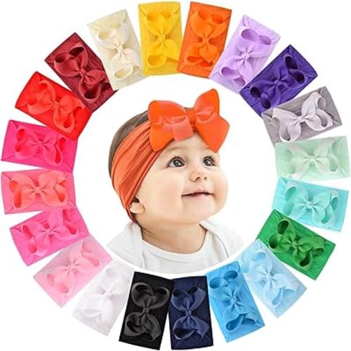 doboi 20pcs Baby Headbands and Hair Bows Set - 4 Inches Nylon Headbands with Bows for Newborns, Infants, Toddlers and Girls