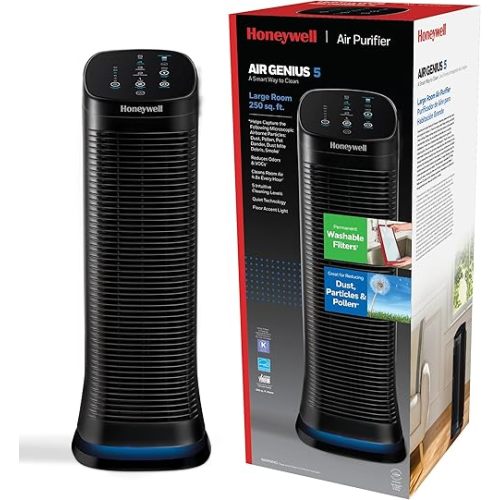Honeywell Air Genius 5 Air Purifier with Permanent, Washable Filter, for Large Rooms, Reduces Smoke, Wildfire Smoke, Dust, Pollen, Pet Dander and More, Black, HFD320