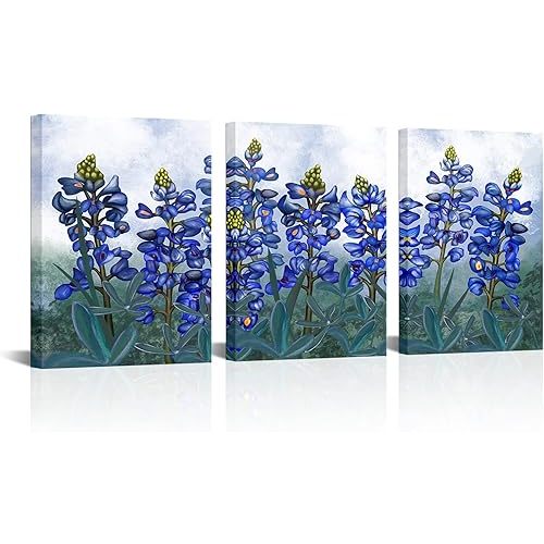 Visual Art Decor Framed Painting Texas Bluebonnets Flowers Canvas Wall Art Blue Floral Picture for Bedroom Living Room Bathroom Decoration