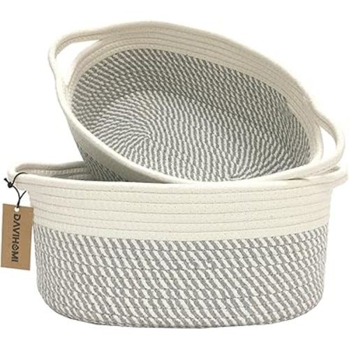 2PACK Medium Oval Decorative Storage Basket Set for Organizing|Nursery, Bedroom, Gift (White Grey)