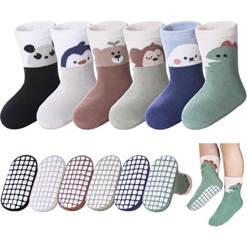 Baby Toddlers Non Slip Socks with Grippers Cotton Crew Gift Grips Socks for Kids Boys Girls 6 Pairs