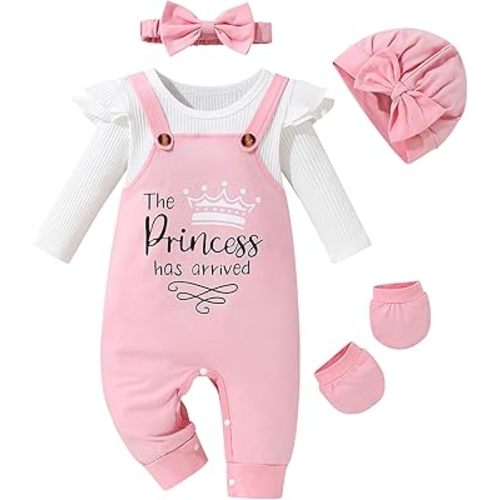 Baby Girl Clothes Patter&Letter Baby Girl Romper with Bow Hat&Headband and Gloves 4Pcs Baby Girl Coming Home Outfit