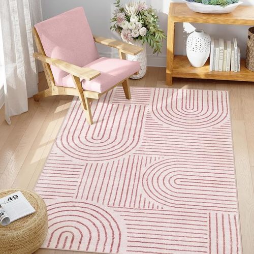 Lahome Abstract Washable Rugs, 4x6 Pink Rug for Bedroom Nursery Soft Non Slip Modern Living Room Rug, Ultra-Thin Non-Shedding Throw Carpet for Entryway Kitchen Office(4'x6',Pink)