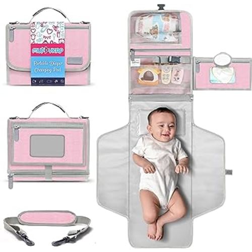 Portable Changing Pad with Shoulder Strap - Detachable Travel Changing Pad - Baby Shower Gifts - Fully Padded & Lightweight - Baby Boy Gifts - Diaper Changing Pad - Changing Mat 27"x22" - Pink